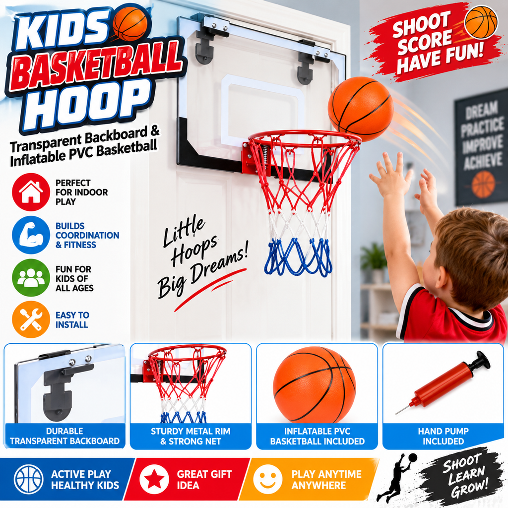 Kids Basketball Hoop Transparent Backboard & Inflatable PVC Basketball